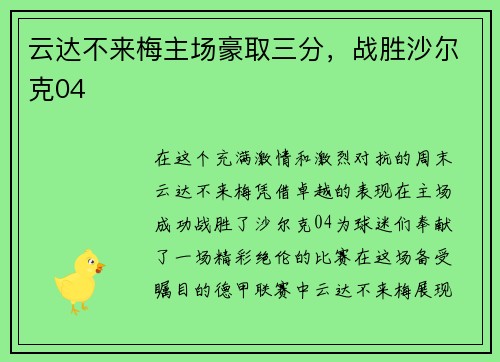 云达不来梅主场豪取三分，战胜沙尔克04